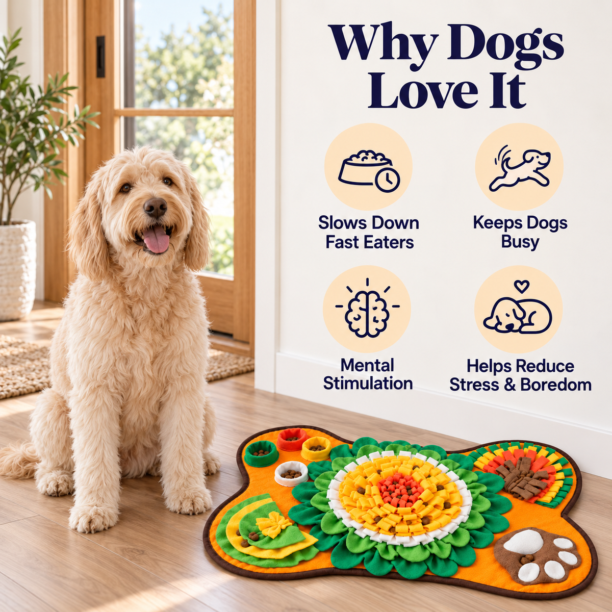 Three dogs sniffing out treats on the Snuffle Mat