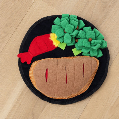 Steak Dinner Crinkle Snuffle Mat with treats tucked in the fleece