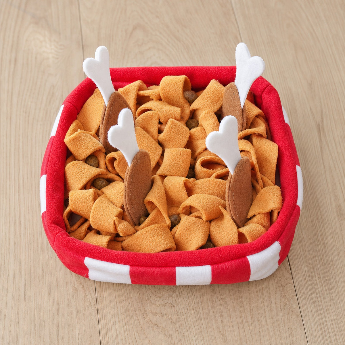 Chicken Bucket Crinkle Snuffle Mat with treats tucked in the fleece