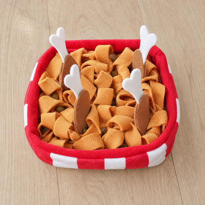 Chicken Bucket Crinkle Snuffle Mat with treats tucked in the fleece
