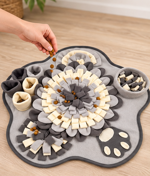 Sprinkling kibble onto the Snuffle Mat