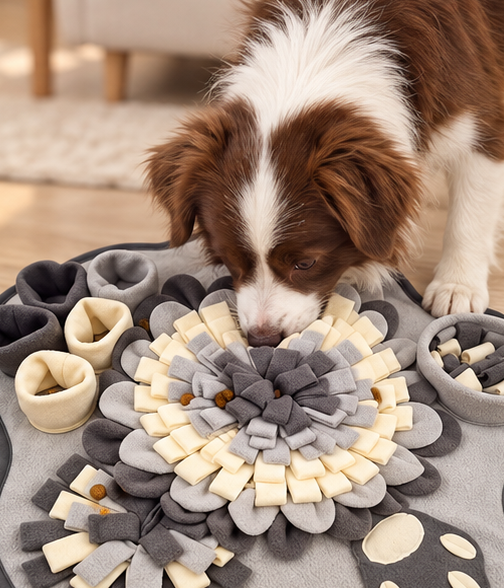 Dog foraging for treats in the Snuffle Mat